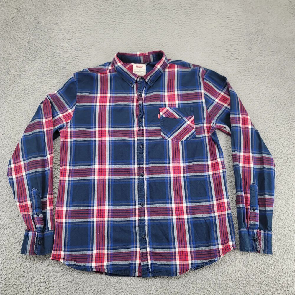 Levis Shirt Mens XL Red Plaid Button Up Long Sleeve Casual Skater Pocket‎ Logo